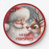 Cute Christmas Santa and Rudolph Paper Plates ペーパープレート (正面)
