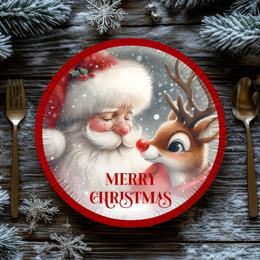 Cute Christmas Santa and Rudolph Paper Plates ペーパープレート
