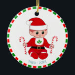 Cute Christmas Santa Baby Elf and Candy Canes セラミックオーナメント<br><div class="desc">Cute Christmas Santa Baby Elf and Candy Canes Ornament. Text can be personalized.</div>