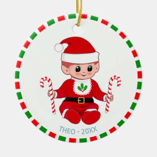 Cute Christmas Santa Baby Elf and Candy Canes セラミックオーナメント (正面)