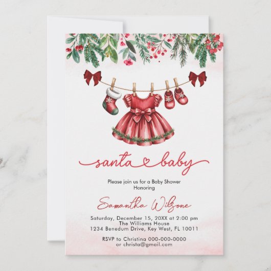 Cute Christmas Santa Baby Girl Clothes Baby Shower 招待状 (正面)