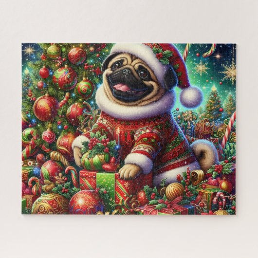 Cute Christmas Santa Pug Dog ジグソーパズル (横)