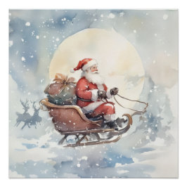 Cute Christmas santa sleigh cozy Holiday Wall Art ポスター