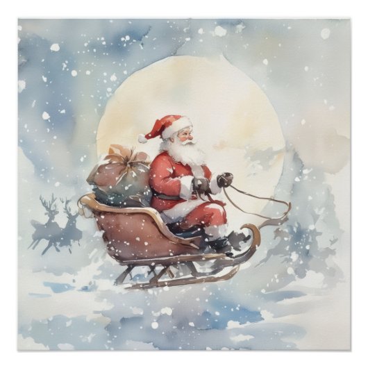 Cute Christmas santa sleigh cozy Holiday Wall Art ポスター (正面)