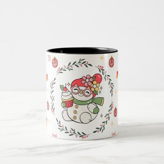 Cute Christmas Snowman Mug with Wreath ツートーンマグカップ (中央)