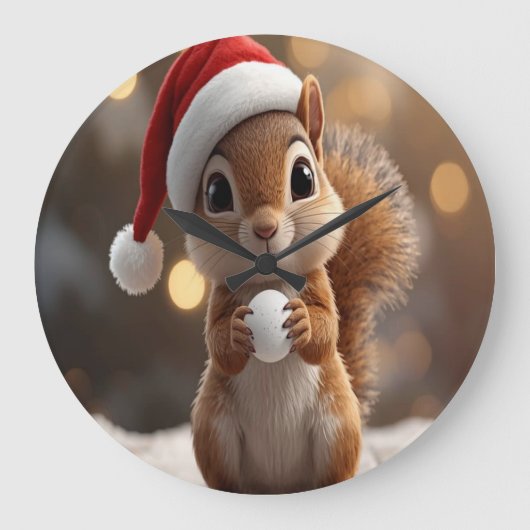 Cute Christmas Squirrel Wall Clock ラージ壁時計 (正面)