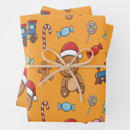 Cute Christmas Teddy Bear and Toy Train ラッピングペーパーシート