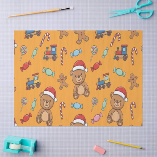 Cute Christmas Teddy Bear and Toy Train 薄葉紙 (クラフト)