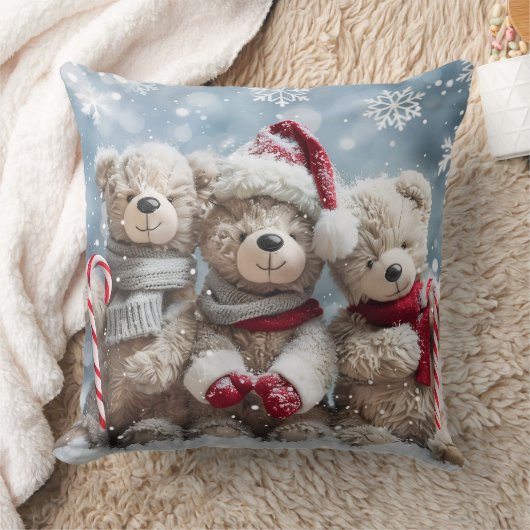 Cute Christmas Teddy Bear Throw Pillow クッション (ブランケット)