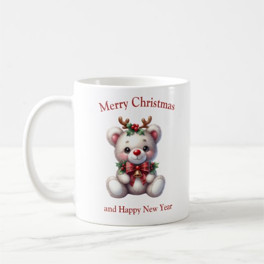 Cute Christmas teddy bear with deer antlers コーヒーマグカップ (左)