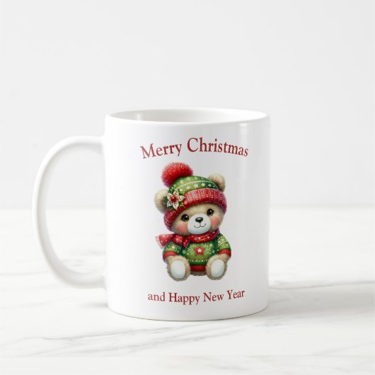 Cute Christmas teddy bear with poinsettia コーヒーマグカップ (左)