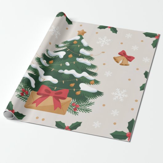 Cute Christmas Tree and Bells ラッピングペーパー (アンロールド)