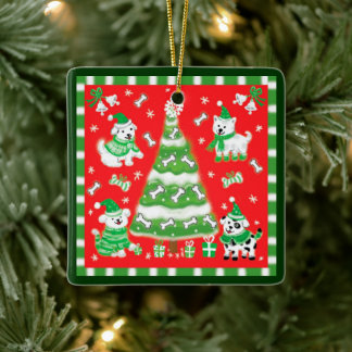 Cute Christmas Tree and Puppy Dogs with Bones セラミックオーナメント