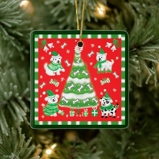 Cute Christmas Tree and Puppy Dogs with Bones セラミックオーナメント (ツリー)