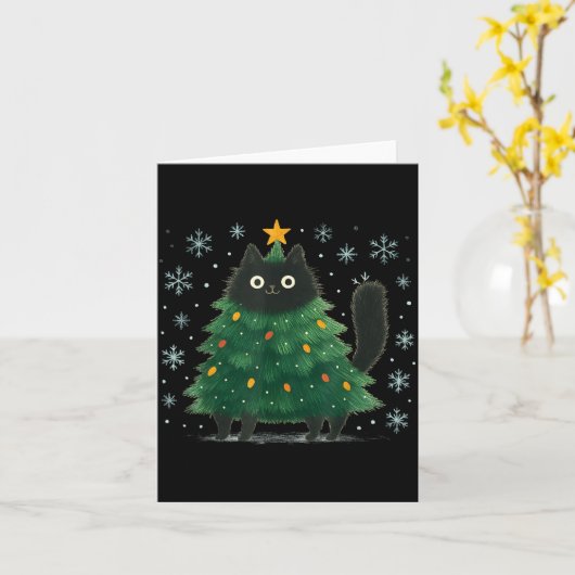 Cute Christmas Tree Cat Funny Holiday Snowflake  カード (黄色い花)