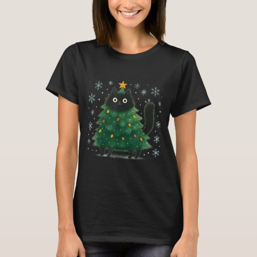 Cute Christmas Tree Cat Funny Holiday Snowflake Tシャツ (正面)