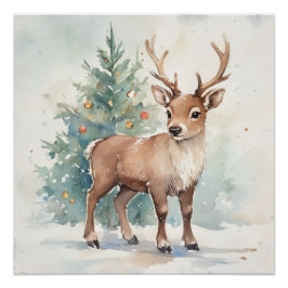 Cute Christmas tree reindeer cozy Holiday Wall Art ポスター