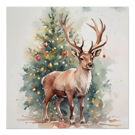 Cute Christmas tree reindeer cozy Holiday Wall Art ポスター (正面)