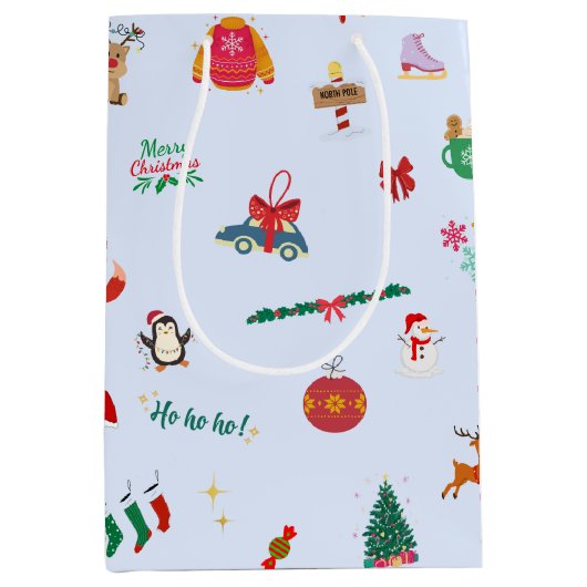 Cute Christmas Tree Snowman Snowflakes Snowball ミディアムペーパーバッグ (正面)