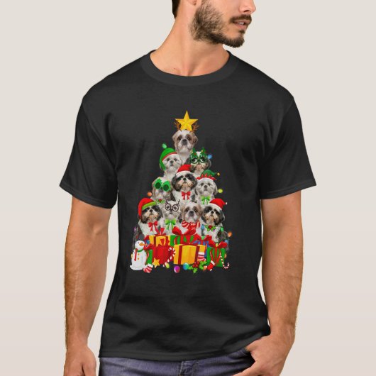Cute Christmas Tree Xmas Lights Shih Tzu Dog Puppy Tシャツ (正面)