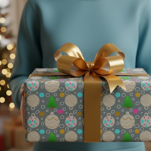 Cute Christmas Trees & Ornaments On Silver ラッピングペーパー