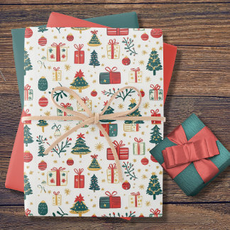 Cute Christmas Trees Presents Retro Pattern ラッピングペーパーシート
