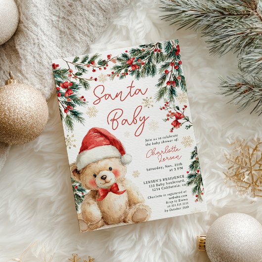 Cute Christmas Winter Teddy Bear Santa Baby Shower 招待状