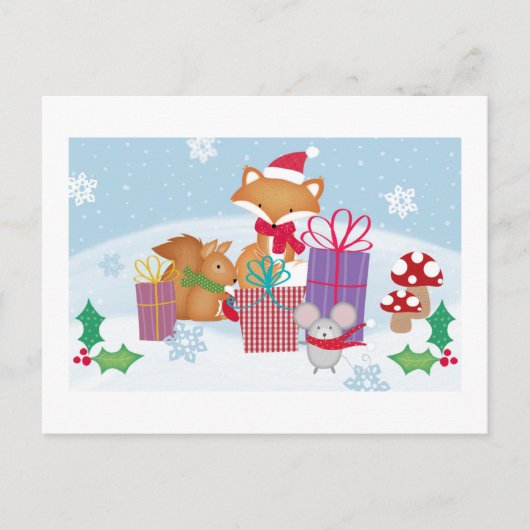 Cute Christmas Winter Woodland Animals Art シーズンポストカード (正面)