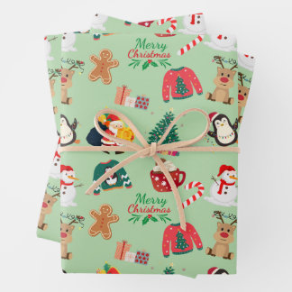 Cute Christmas Wrapping Paper Flat Sheet Set of 3 ラッピングペーパーシート