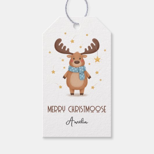Cute Christmoose Moose with Stars Merry Christmas ギフトタグ (正面)