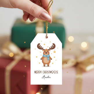 Cute Christmoose Moose with Stars Merry Christmas ギフトタグ