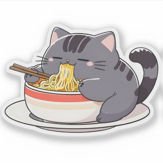 Cute Chubby Cat Enjoying Ramen Noodles シール (正面)