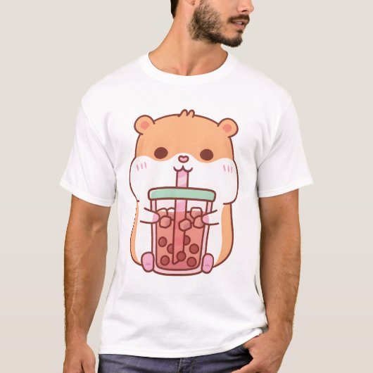 Cute Chubby Hamster Drinking Bubble Tea Tシャツ (正面)