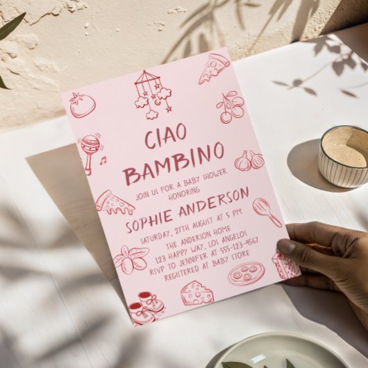 Cute Ciao Bambino Pink Italian Baby Shower 招待状