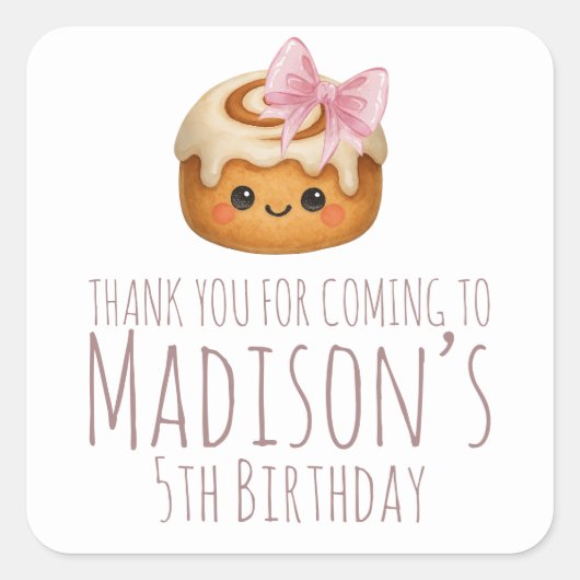 Cute Cinnamon Roll Bun Girl Birthday Party スクエアシール (正面)