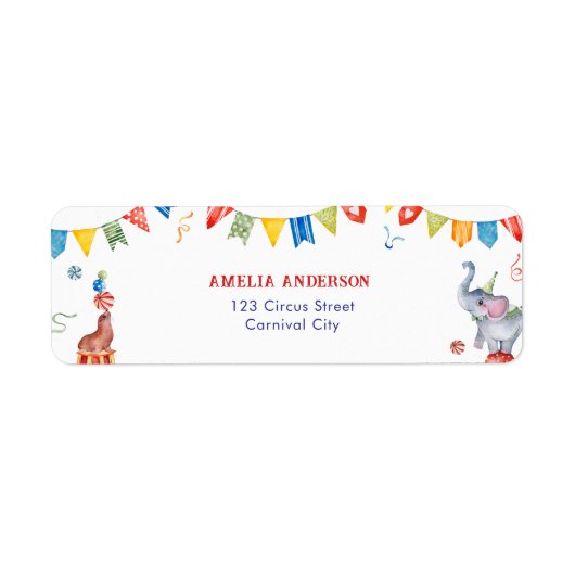 Cute Circus Animals Carnival Address Label ラベル (正面)