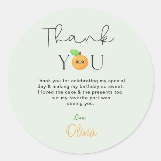 Cute Citrus Orange 1st Birthday Thank You Gift ラウンドシール (正面)