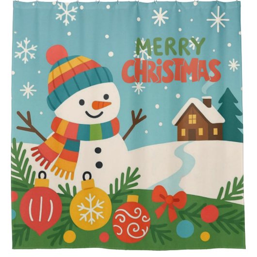 Cute, classic Merry Christmas snowman シャワーカーテン (正面)