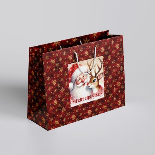 Cute Classic Santa Rudolph Holiday Gift Bag ラージペーパーバッグ
