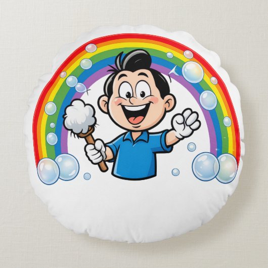 Cute Cleaning Mascot Rainbow Cartoon Design Art ラウンドクッション (正面)