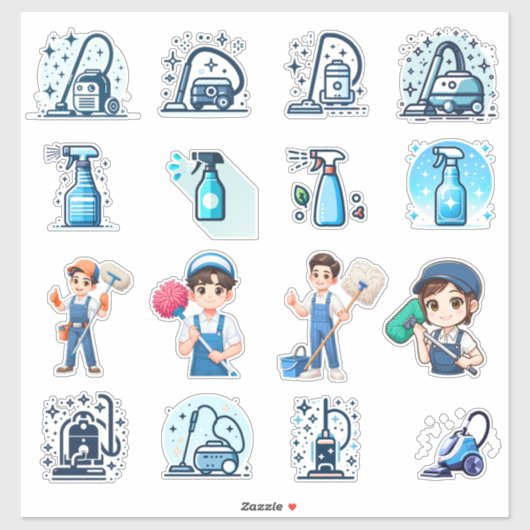 Cute Cleaning Service Icons & Characters – Vector  シール (シート)
