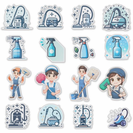 Cute Cleaning Service Icons & Characters – Vector  シール (正面)