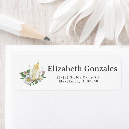 Cute Cockatiel Floral Illustration ラベル (インサイチュ)