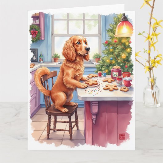 Cute Cocker Spaniel Gingerbread Baking Christmas カード (黄色い花)