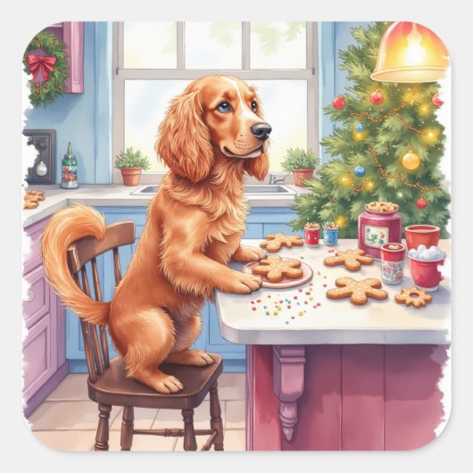 Cute Cocker Spaniel Gingerbread Baking Christmas スクエアシール (正面)
