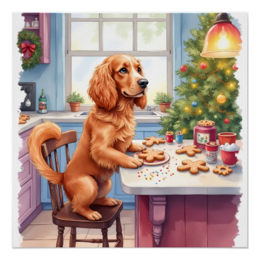 Cute Cocker Spaniel Gingerbread Baking Christmas ポスター (正面)