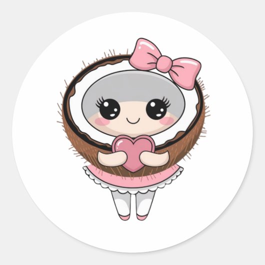 Cute Coconut Girl Sticker, Kawaii Coconut Stickers ラウンドシール (正面)