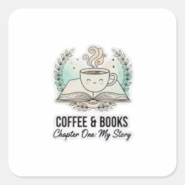 Cute Coffee & Books Sticker – Book Lover Aesthetic スクエアシール