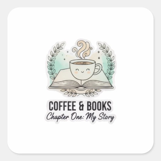 Cute Coffee & Books Sticker – Book Lover Aesthetic スクエアシール (正面)