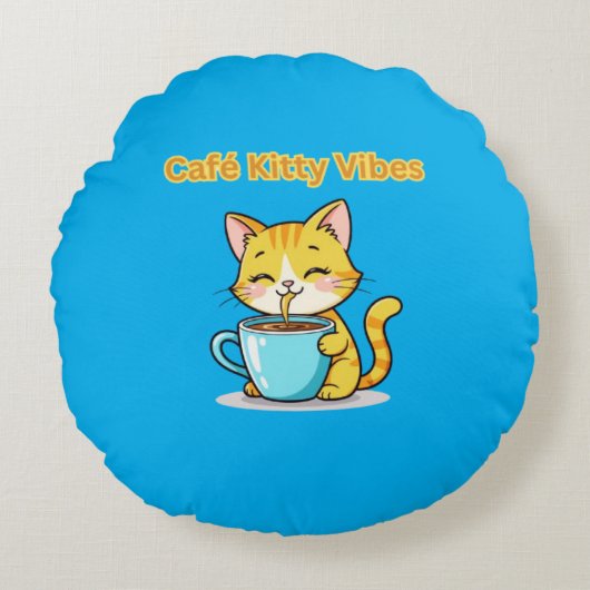 **Cute Coffee Cat – Adorable Cat Drinking Coffee I ラウンドクッション (正面)